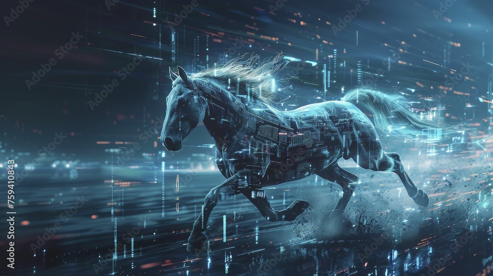 Horse galloping across a digital landscape, merging traditional strength with futuristic technology, symbolizing swift progress in the tech industry.