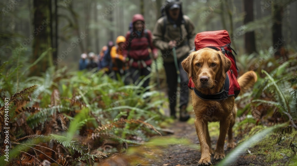 Labrador retriever guiding a group of hikers through a forest trail, representing reliability and guidance in adventure travel services.