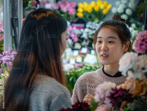 Women shopping in a flower shop - Two women engaging in conversation while shopping among colorful flowers in an indoor setting