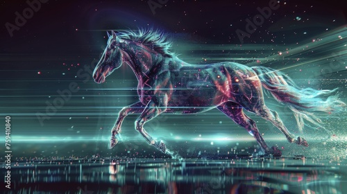 Horse galloping through a digital realm fusing age-old might with advanced tech  epitomizing rapid tech advancements.