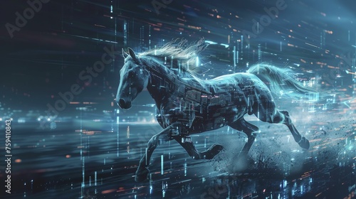 Horse galloping across a digital landscape, merging traditional strength with futuristic technology, symbolizing swift progress in the tech industry.