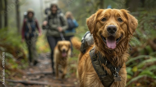 Labrador retriever leads hikers in forest, embodying dependable guidance for adventure travel services.
