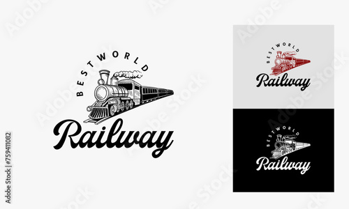 Locomotive logo illustration, vintage Railway Station hand drawn style emblem