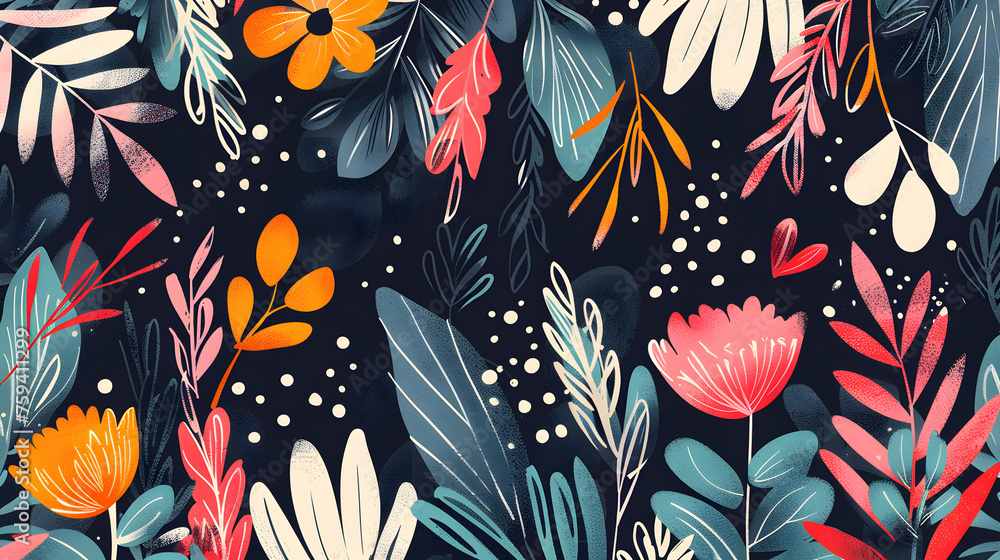 A creative arts pattern featuring plants, flowers, and leaves in a seamless design on a dark background. This art piece could attract pollinators like insects with its intricate details