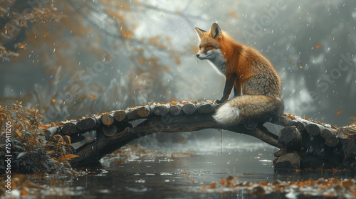 A fox crafting a bridge over a river using fallen logs, embodying resourcefulness and innovative problem-solving in overcoming business challenges.