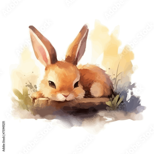 Cute rabbit cartoon sleeping in watercolor painting style © Fauziah