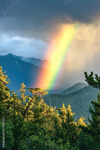 Beauty of rainbows after a storm in the nature. Tree and meadow.