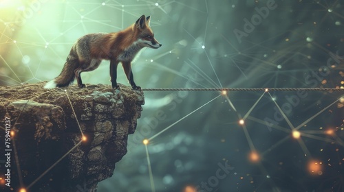 Fox carefully treads a tightrope amid cliffs, safeguarded by a safety net of interconnected networks, showcasing business resilience.
