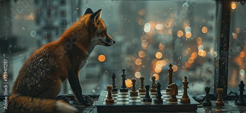 A fox strategically plans moves at a chessboard against city lights, symbolizing corporate advantage in strategy.