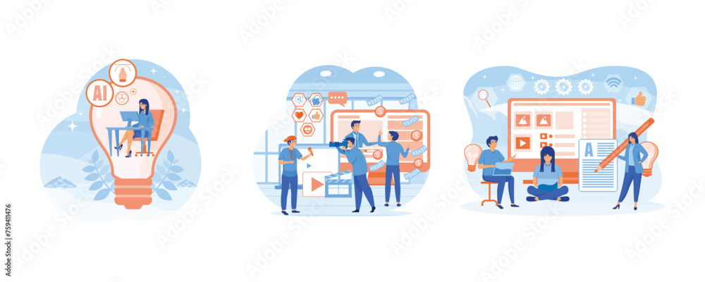 Content creation, creative person concept. Video content creator team. Freelancer, blogger, content creator, copy writer with characters using device. Set flat vector modern illustration