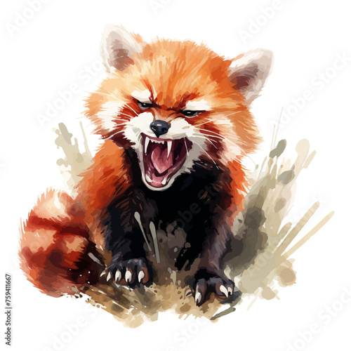 Angry red panda cartoon in watercolor painting © Fauziah