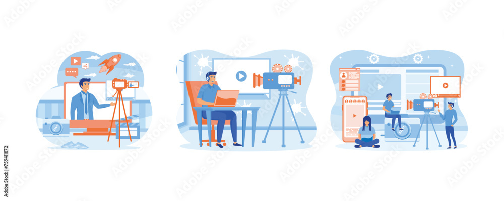 Video content creator for social media. Video vlogger production, content creator landing page website. Content Creator of Freelancer Blogger and Video. Set flat vector modern illustration