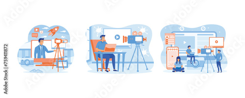 Video content creator for social media. Video vlogger production, content creator landing page website. Content Creator of Freelancer Blogger and Video. Set flat vector modern illustration