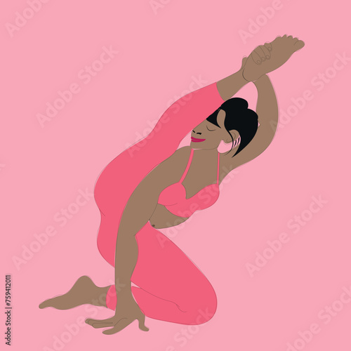 Young woman sitting in yoga posture. Girl performing aerobics exercise vector illustration. Physical and spiritual practice. Vector illustration in flat cartoon style.