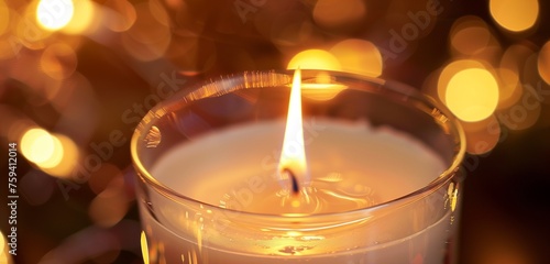 Capturing the elegance of a white candle within a glass vessel, its flame dancing gracefully, radiating warmth and calm.