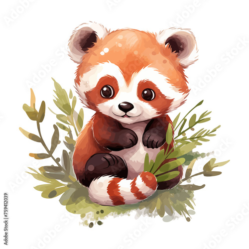 Cute baby red panda cartoon in watercolor painting style © Fauziah