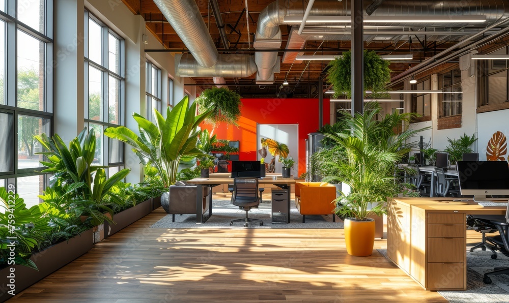 An eco-friendly office interior designed with biophilic elements, featuring a spacious open-plan workspace with living walls, natural light, and recycled furniture, promoting a healthy