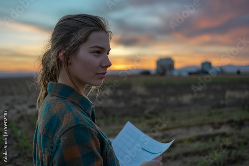 Thoughtful young woman holding papers on a farm at sunset, concept of agriculture education and rural business