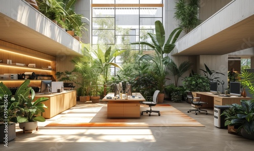 An eco-friendly office interior designed with biophilic elements, featuring a spacious open-plan workspace with living walls, natural light