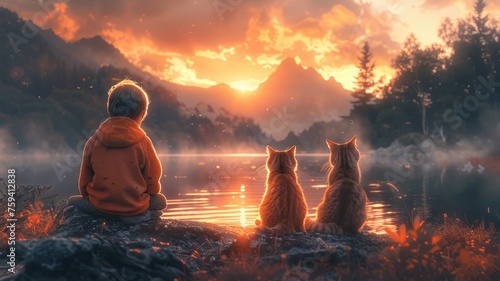anime cartoon baby boy happy sitting with a cat at a nature park lake