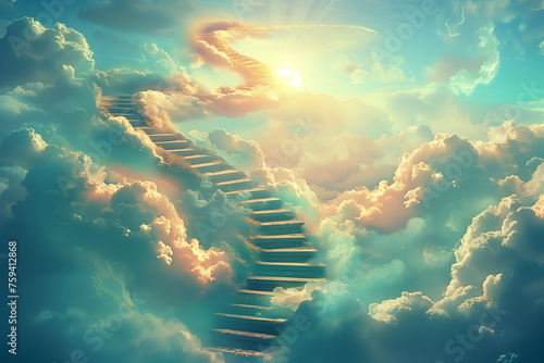 A stairway ascending into the clouds in the sky, reminiscent of the concept of heaven