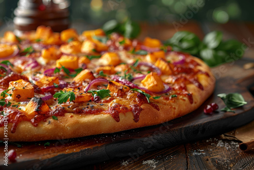 Gourmet Sweet Potato Gorgonzola Pizza Close-Up on Wooden Tray Gen AI