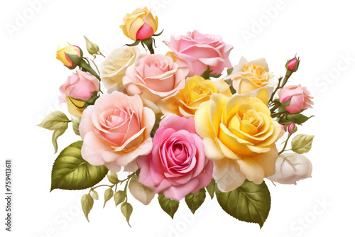 AI generated watercolor bouquet. watercolor flowers and leaves illustration for wedding, greetings, stationary, wallpapers, fashion, background. rose, blossom, olive, green leaves, Eucalyptus etc
