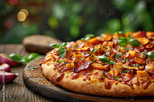 Gourmet Sweet Potato Gorgonzola Pizza on Wooden Tray Gen AI photo