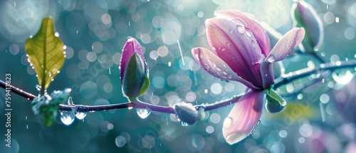A spring pink and purple magnolia blossom flower branch, magnolia tree blossoms in springtime. tender pink flowers bathing in sunlight. warm april weather There are dew drops in the morning. photo