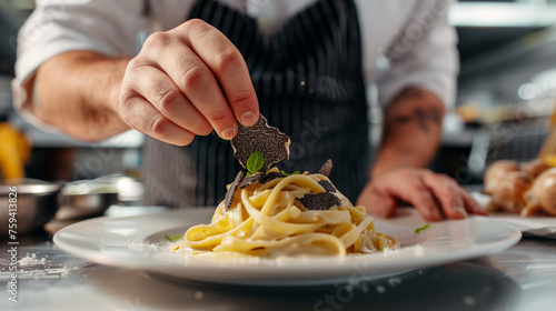 Chef carefully placing a truffle slice on pasta in a kitchen
