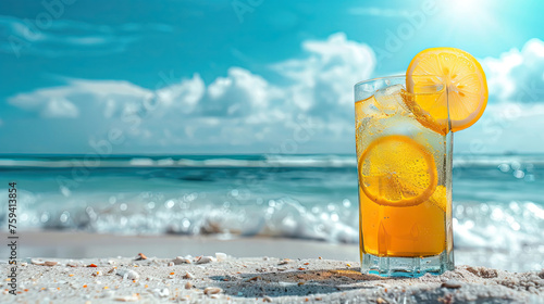 Cold drink with ice and a slice of lemon on the beach on a hot summer day. © Santy Hong