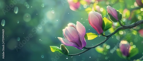 A spring pink and purple magnolia blossom flower branch, magnolia tree blossoms in springtime. tender pink flowers bathing in sunlight. warm april weather There are dew drops in the morning.