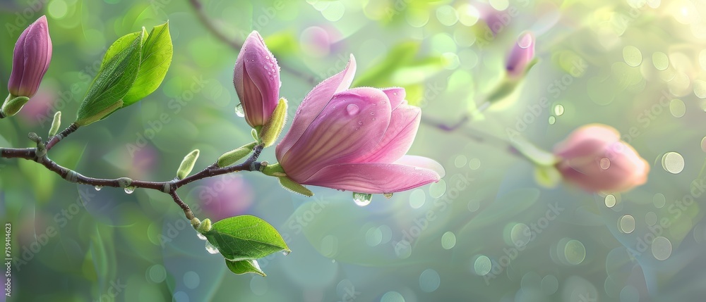 Obraz premium A spring pink and purple magnolia blossom flower branch, magnolia tree blossoms in springtime. tender pink flowers bathing in sunlight. warm april weather There are dew drops in the morning.