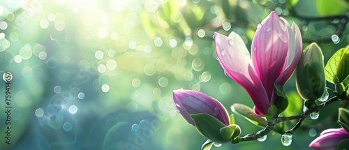 A spring pink and purple magnolia blossom flower branch, magnolia tree blossoms in springtime. tender pink flowers bathing in sunlight. warm april weather There are dew drops in the morning. © ND STOCK