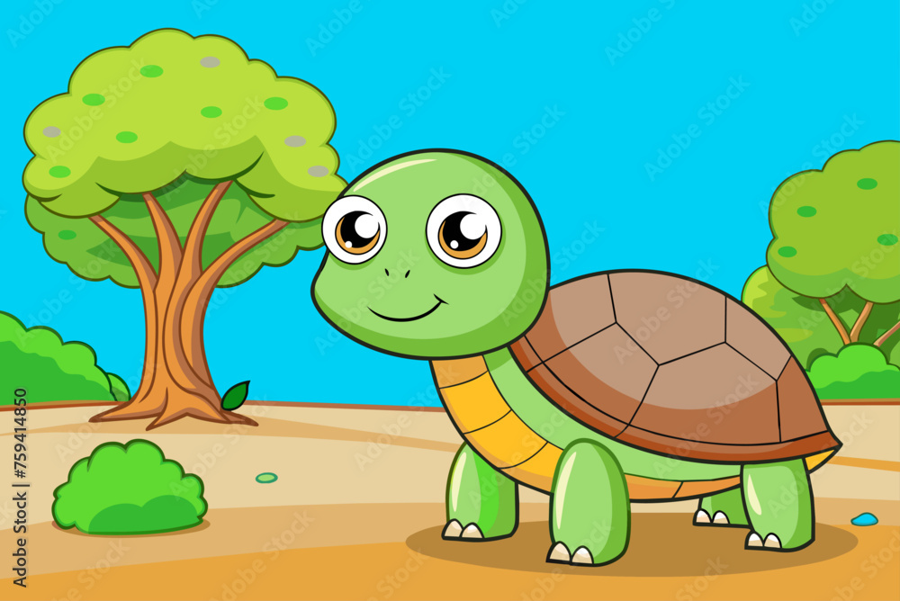 Obraz premium A cute turtle rests against a tree trunk, its shell blending into the bark.
