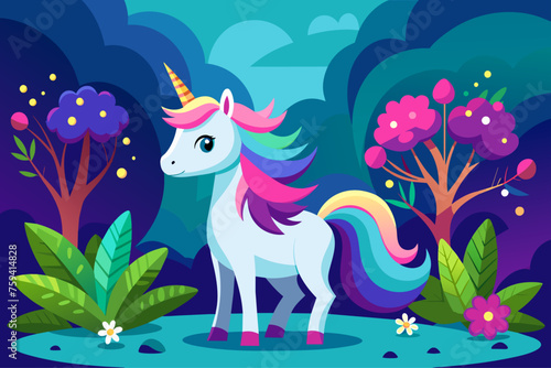 A majestic unicorn stands in a lush forest setting with vibrant trees towering in the background.