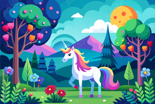 A majestic unicorn gallops through a vibrant green forest with towering trees.