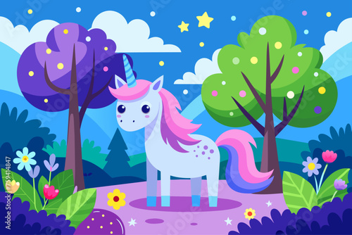 A whimsical unicorn stands amidst a vibrant forest, its ethereal aura illuminating the surroundings.