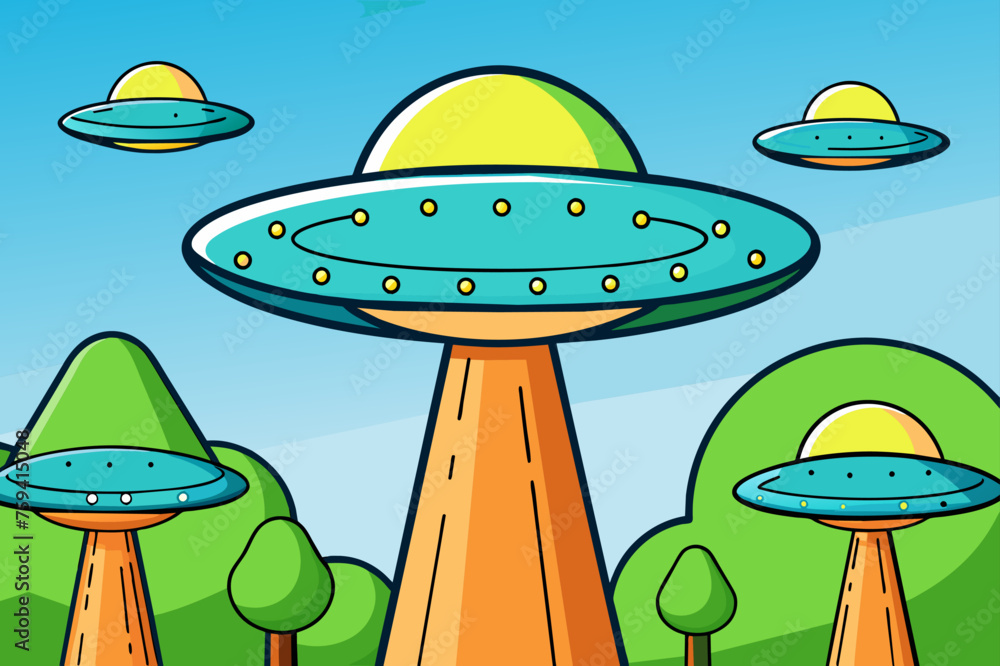 In the heart of a lush forest, an unidentified flying object hovers mysteriously with towering trees forming a verdant backdrop. In the heart of a lush forest, an unidentified flying object hovers mysteriously with towering trees forming a verdant backdrop.
