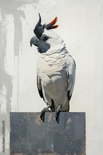Classic wall art of oil painting style with white parrot on a smooth surface, set against a minimalist white and grey background 