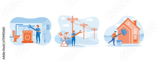 Home maintenance and improvement metaphors. Electrician services. Painter services. Set flat vector modern illustration