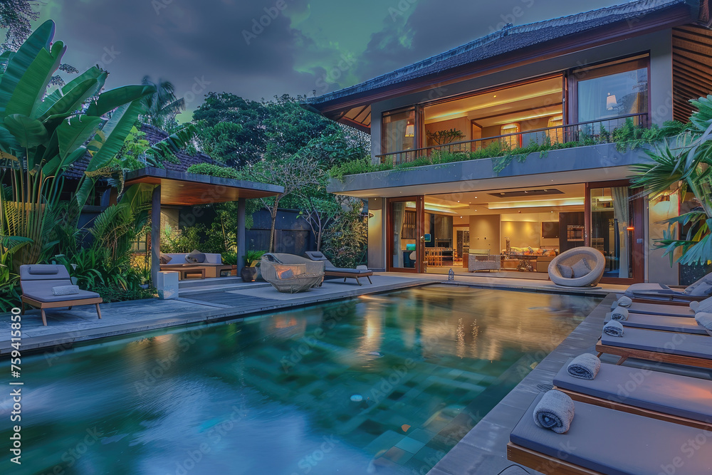 A beautiful luxury villa in Bali with an outdoor pool and lounge chairs, surrounded by lush greenery at dusk
