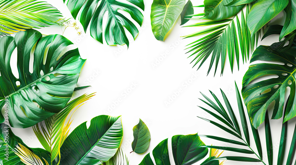 Creative layout made of colorful tropical leaves on white background, exotic summer concept with copy space, border arrangement. Creative layout made of colorful tropical leaves on white background, exotic summer concept with copy space, border arrangement.