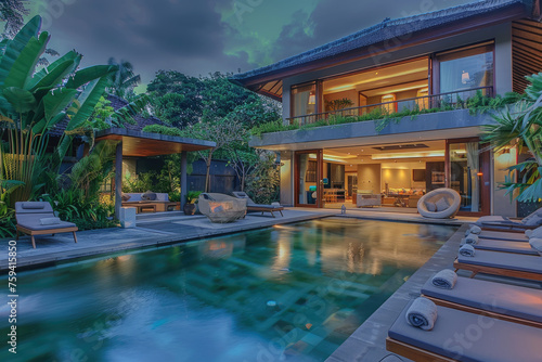A beautiful luxury villa in Bali with an outdoor pool and lounge chairs, surrounded by lush greenery at dusk