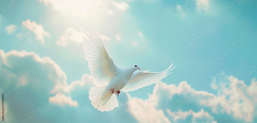 An otherworldly sky funeral backdrop with a gentle breeze, featuring a white dove as a symbol of celestial transition. 