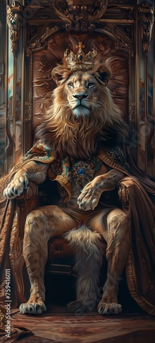 A powerful image of a lion king sitting in his throne room adorned with a crown and a royal robe embodying the essence of sovereignty © Shutter2U