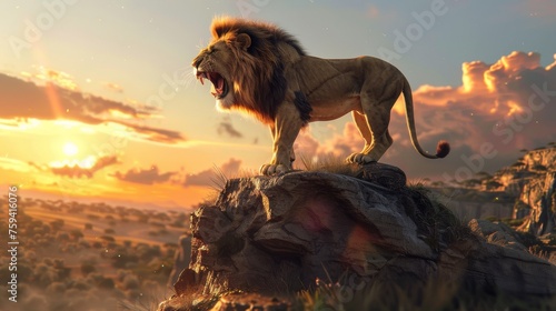 A 3D Realistic Action Style of a majestic lion roaring atop a rocky outcrop as the sun sets in the African savannah photo