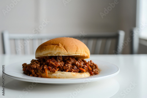 Delicious Sloppy Joe Sandwich on White Plate with Perfect Composition Gen AI photo