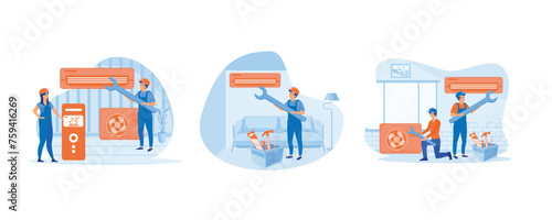 Maintenance, installation of cooling systems. Air Conditioner Repair or Installation with Unit Breakdown. Maintenance Service. Set flat vector modern illustration