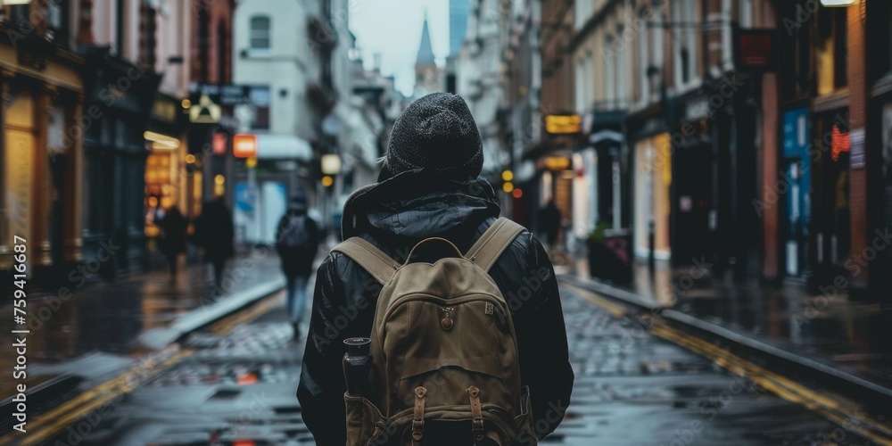 A person walking down a street with their head turned completely around